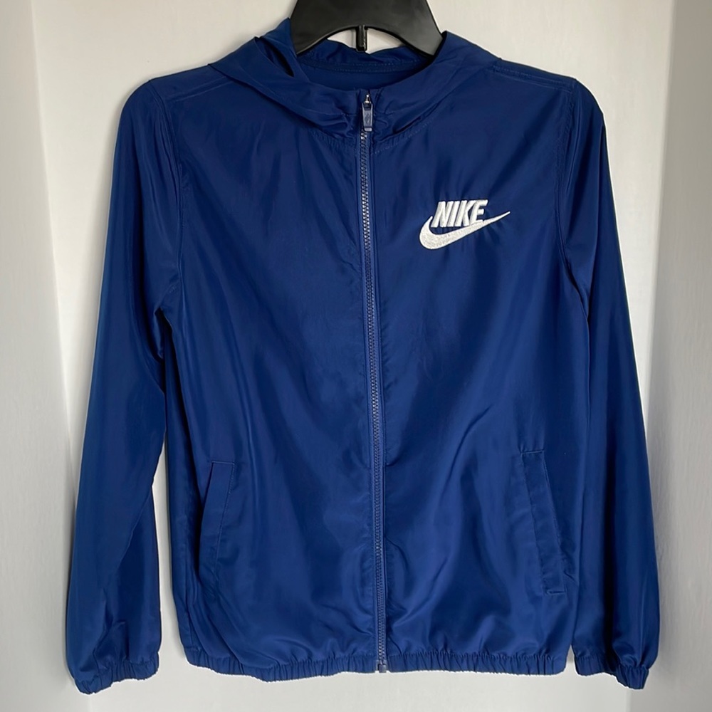Nike navy blue hooded windbreaker jacket youth size Large